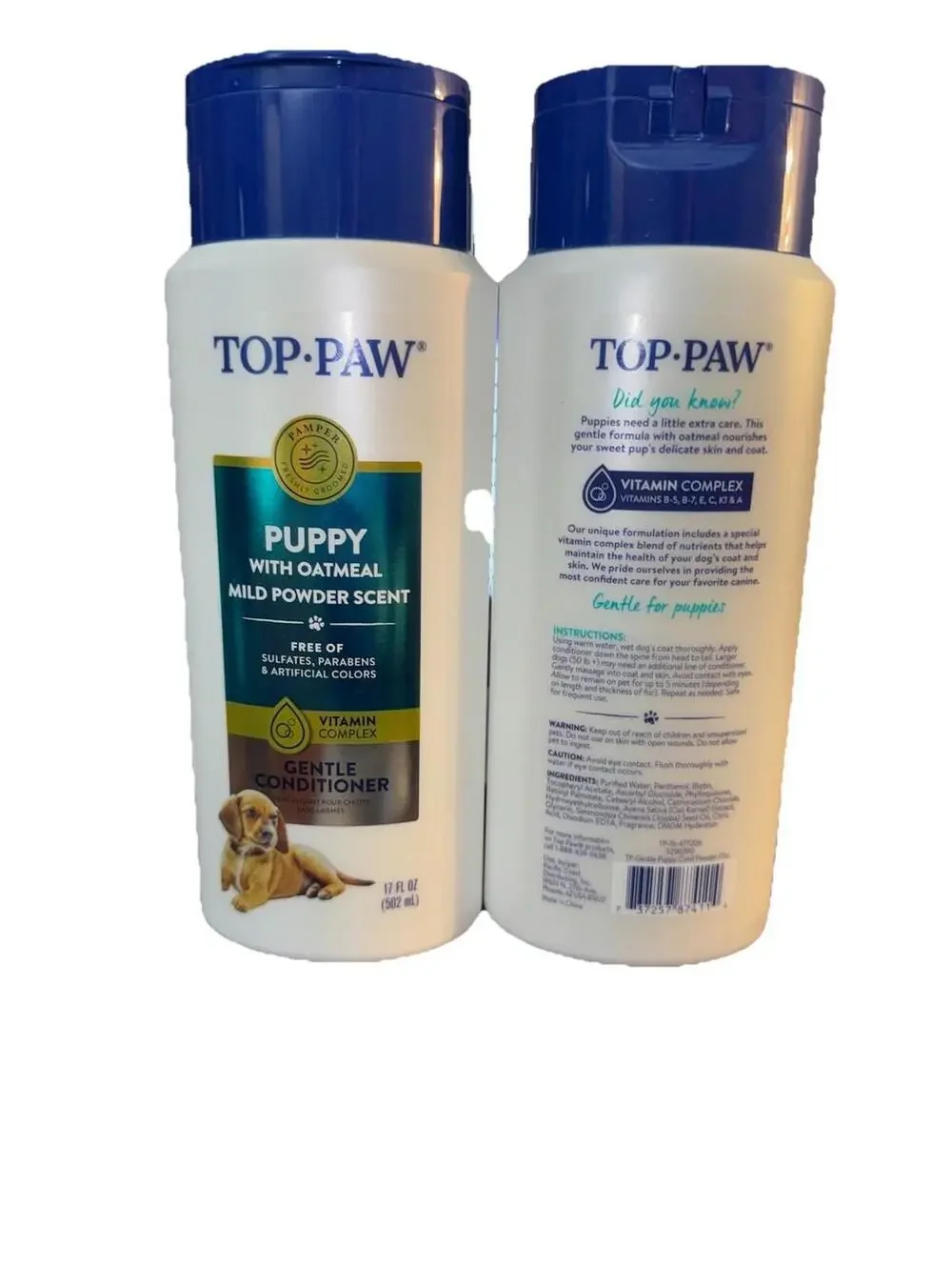 Two (2) Top Paw Gentle Puppy Conditioner With Oatmeal Mild Powder Scent 17 Fl Oz